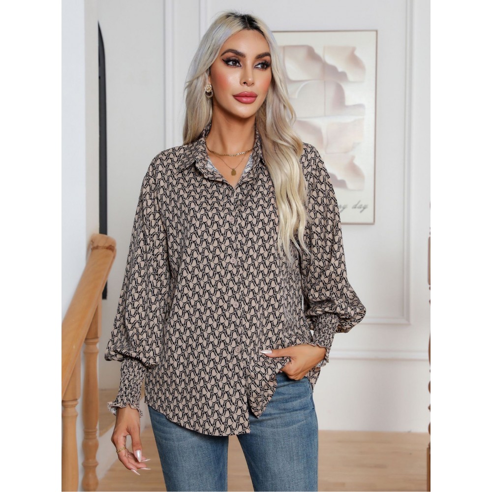 Women'S Elegant Geometric Print Lantern Sleeve Shirt | Long Sleeve, Single Breasted, Lapel Collar, Spring/Fall New Arrival.