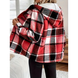Women's Retro Plaid -Lined Hooded Jacket - Soft Brushed Polyester Button-Front Coat, Cozy Winter Outerwear for Fall & Winter, Casual Elegant Blazer (Single-Breasted Button Closure)