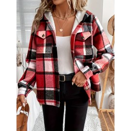 Women's Retro Plaid -Lined Hooded Jacket - Soft Brushed Polyester Button-Front Coat, Cozy Winter Outerwear for Fall & Winter, Casual Elegant Blazer (Single-Breasted Button Closure)