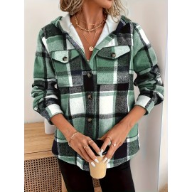 Women's Retro Plaid -Lined Hooded Jacket - Soft Brushed Polyester Button-Front Coat, Cozy Winter Outerwear for Fall & Winter, Casual Elegant Blazer (Single-Breasted Button Closure)