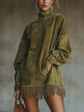Bohemian Winter Dress with Suede Fringe Hem & Pockets - High Neck Long Sleeve Elegant Loose Fit Dress, 3D Tailored Silhouette for Weddings, Parties, Daily Wear - Machine Washable Autumn Dress