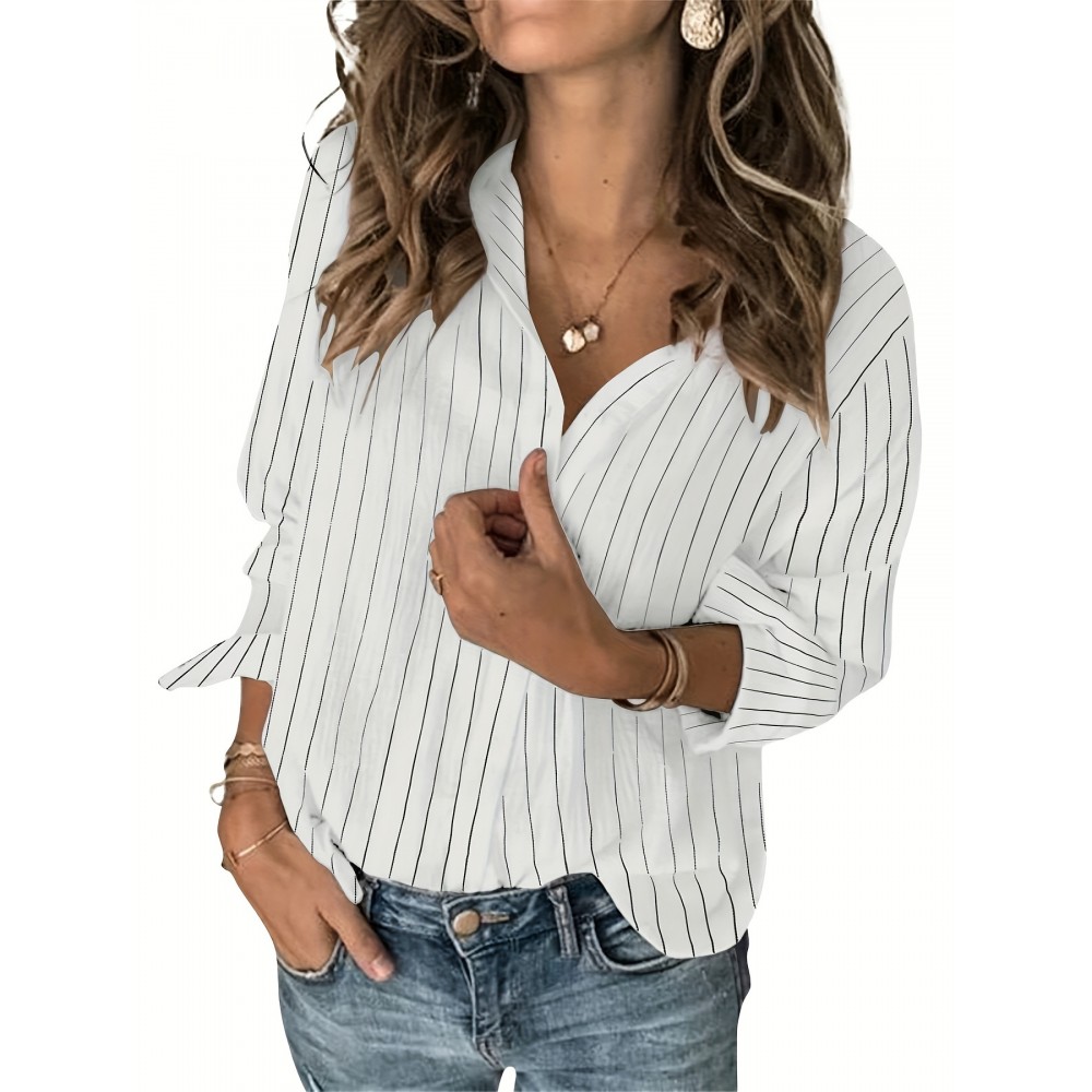 Womens Long Sleeve Button Shirt Blouse Loose Fit Casual V-Neck Tops