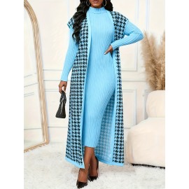 Women's Elegant Houndstooth Print Cardigan Vest - Oversized Collar Long Sleeveless Jacket, Black/White/Yellow/Beige, Fall Winter Warm Coat, Machine Washable Blazer for Casual & Formal Wear