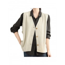 Women's Sleeveless H-Line Regular Fit Jacket - Solid Color Round Neck Winter Coat with Zipper Front Closure, Casual to Semi-Formal Outerwear for Fall & Winter Layering (Blouses/C Dresses under Jacket)