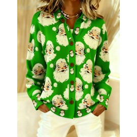 Women's Lapel Button Front Cardigan Jacket with Santa Claus & Christmas Prints - Warm Winter Coat for Christmas Parties, Lapel Collar Outerwear, Machine Washable Blazer (Autumn/Winter), 2D Flat