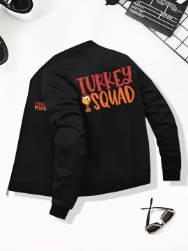 Women's Turkey Squad Graphic Zip-Up Jacket - Black Casual Slim Fit Stand Collar Coat with Pockets, Machine Washable Fall Winter Outerwear
