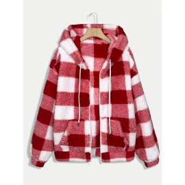Women'S Plaid Fleece Coat - Mustard-Yellow & Checkered Winter Warmth, Soft Plush Jacket with Full-Zip Front Closure, Cozy Casual Outerwear for Fall & Winter, Winter Clothing, Fall Fashion, Stylish Outerwear, Fashion Lovers
