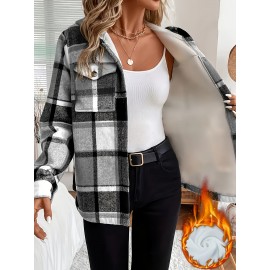Women's Retro Plaid -Lined Hooded Jacket - Soft Brushed Polyester Button-Front Coat, Cozy Winter Outerwear for Fall & Winter, Casual Elegant Blazer (Single-Breasted Button Closure)